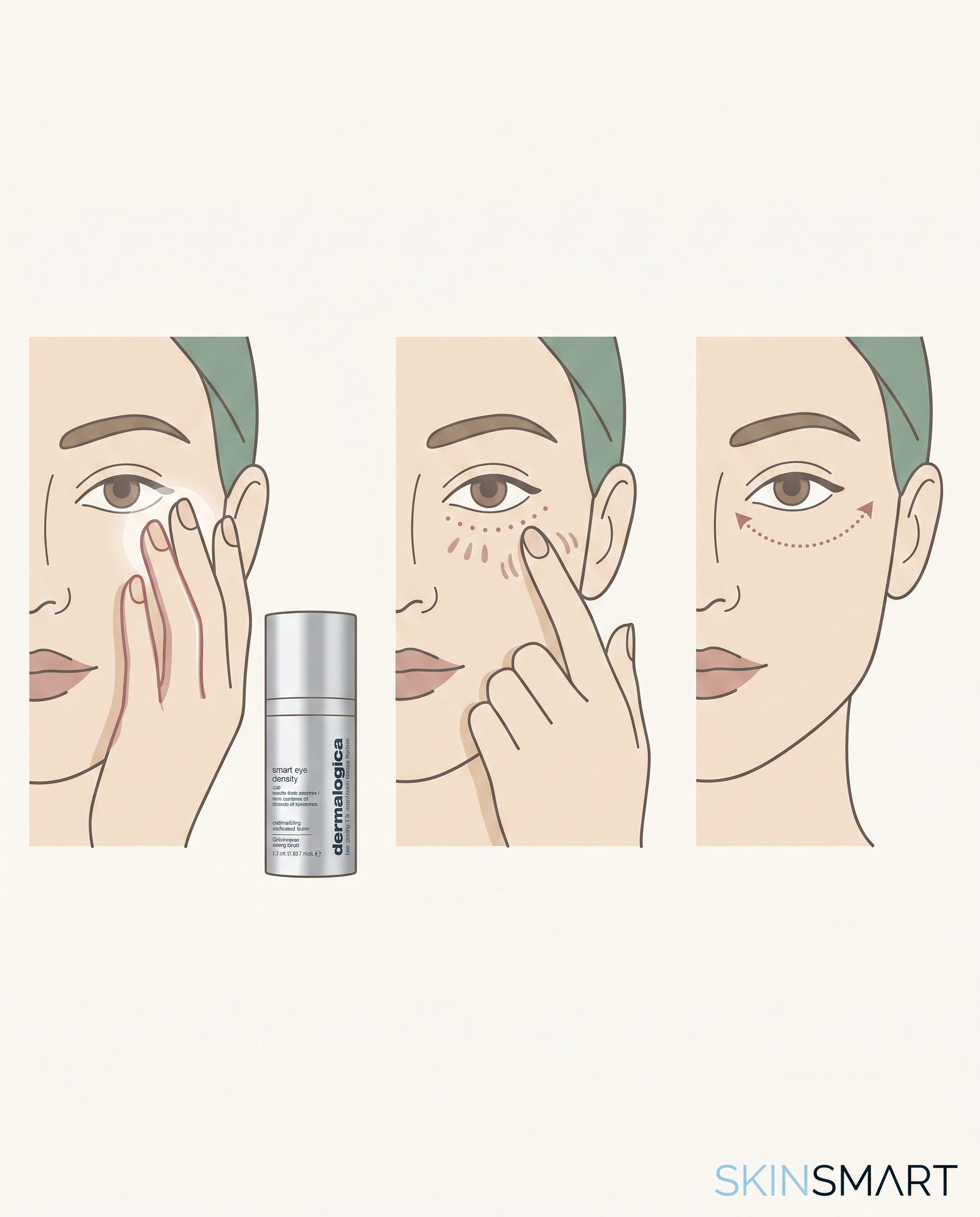 Step-by-step guide showing ring finger application of eye serum from inner to outer corner along lymphatic flow