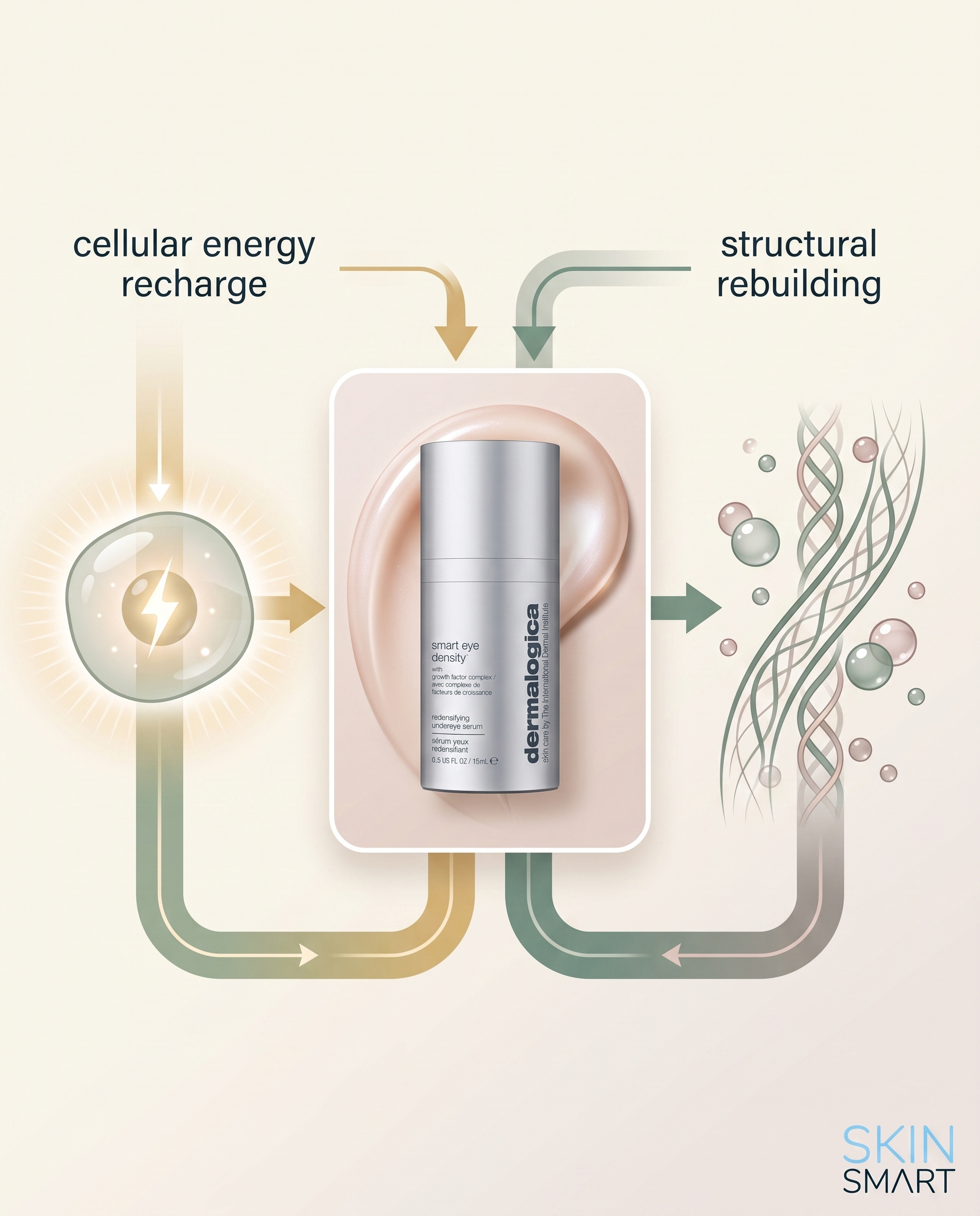 Infographic showing two pathways to skin density: cellular energy support and structural rebuilding with peptides and