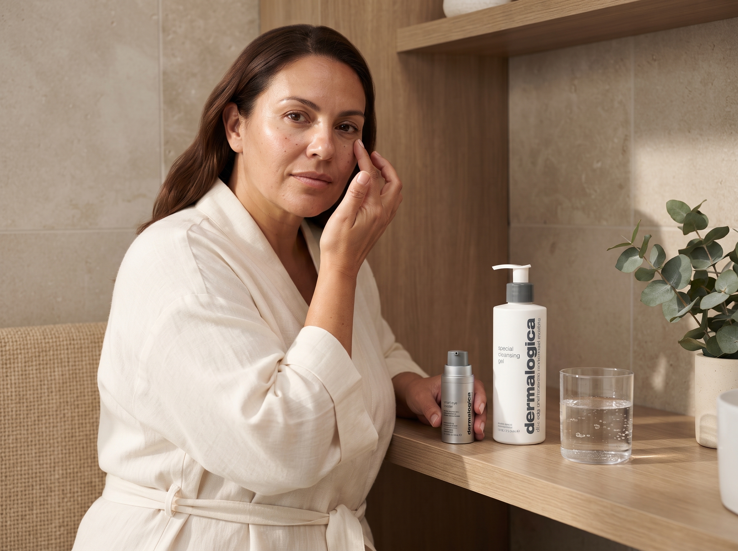 Dermalogica Smart Eye Density Booster on a minimal morning bathroom shelf suggesting a daily skincare routine