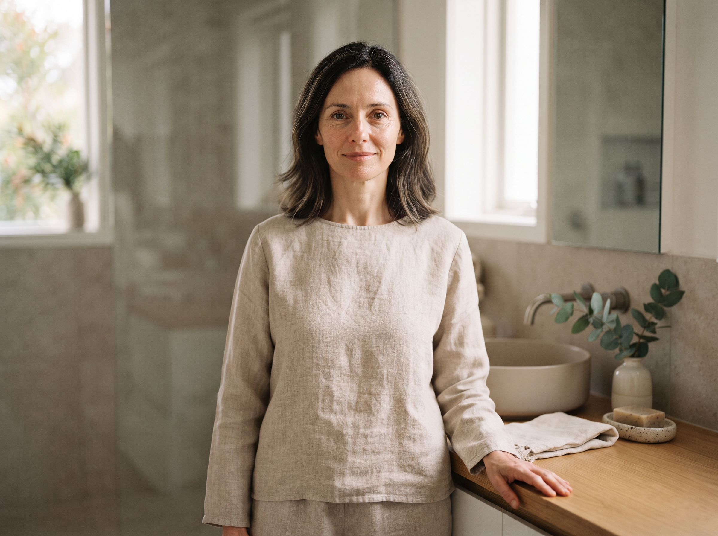 Woman in her early thirties with natural fine lines under her eyes in soft window light, expression calm