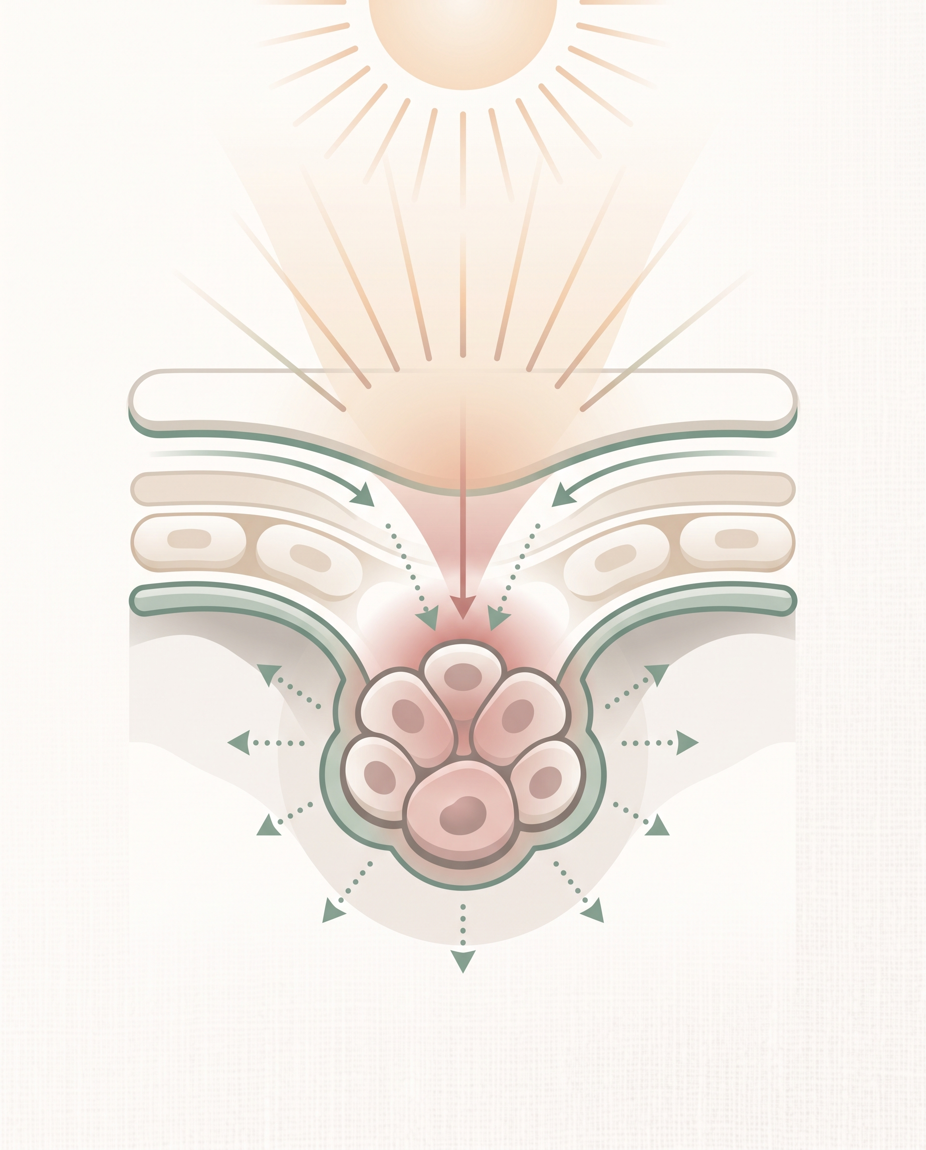 Diagram showing UV light triggering melanin production in skin melanocytes