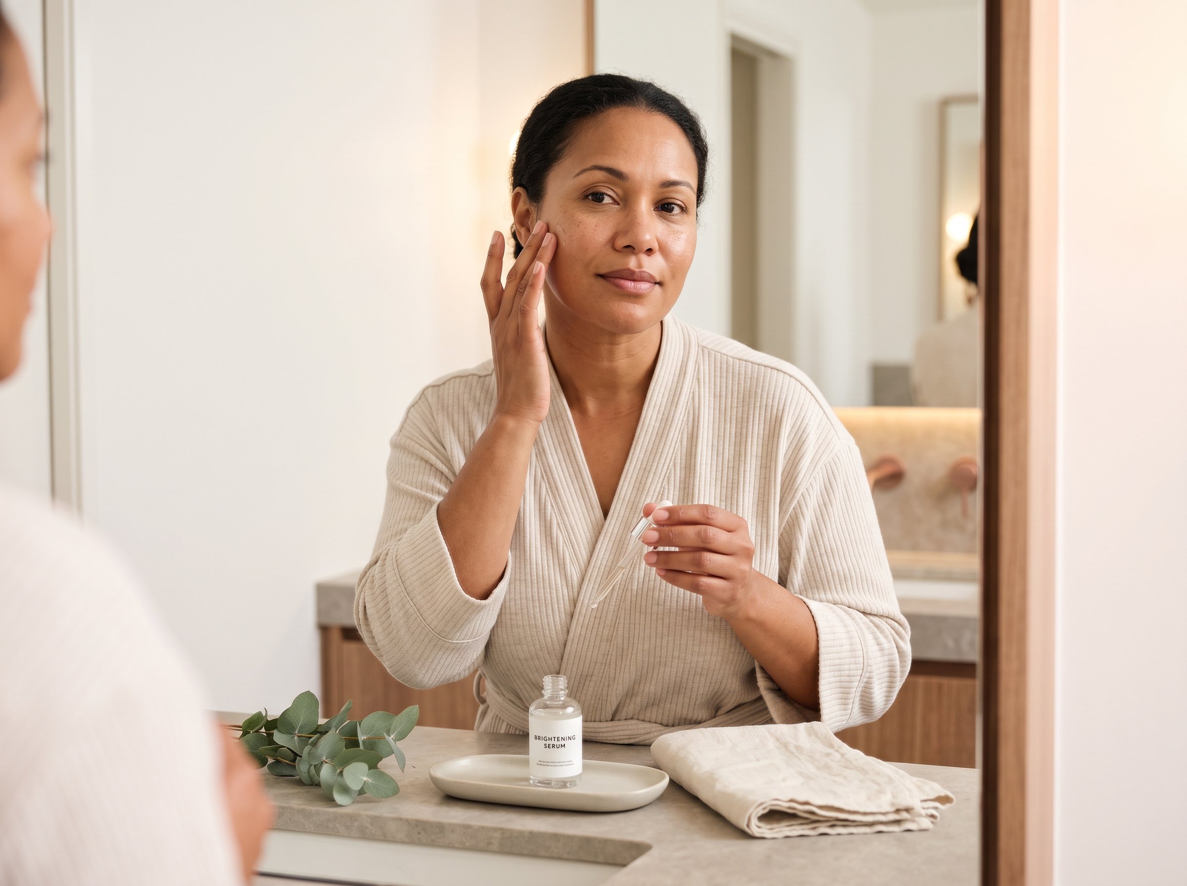 Person applying a brightening serum to skin as part of a nighttime routine