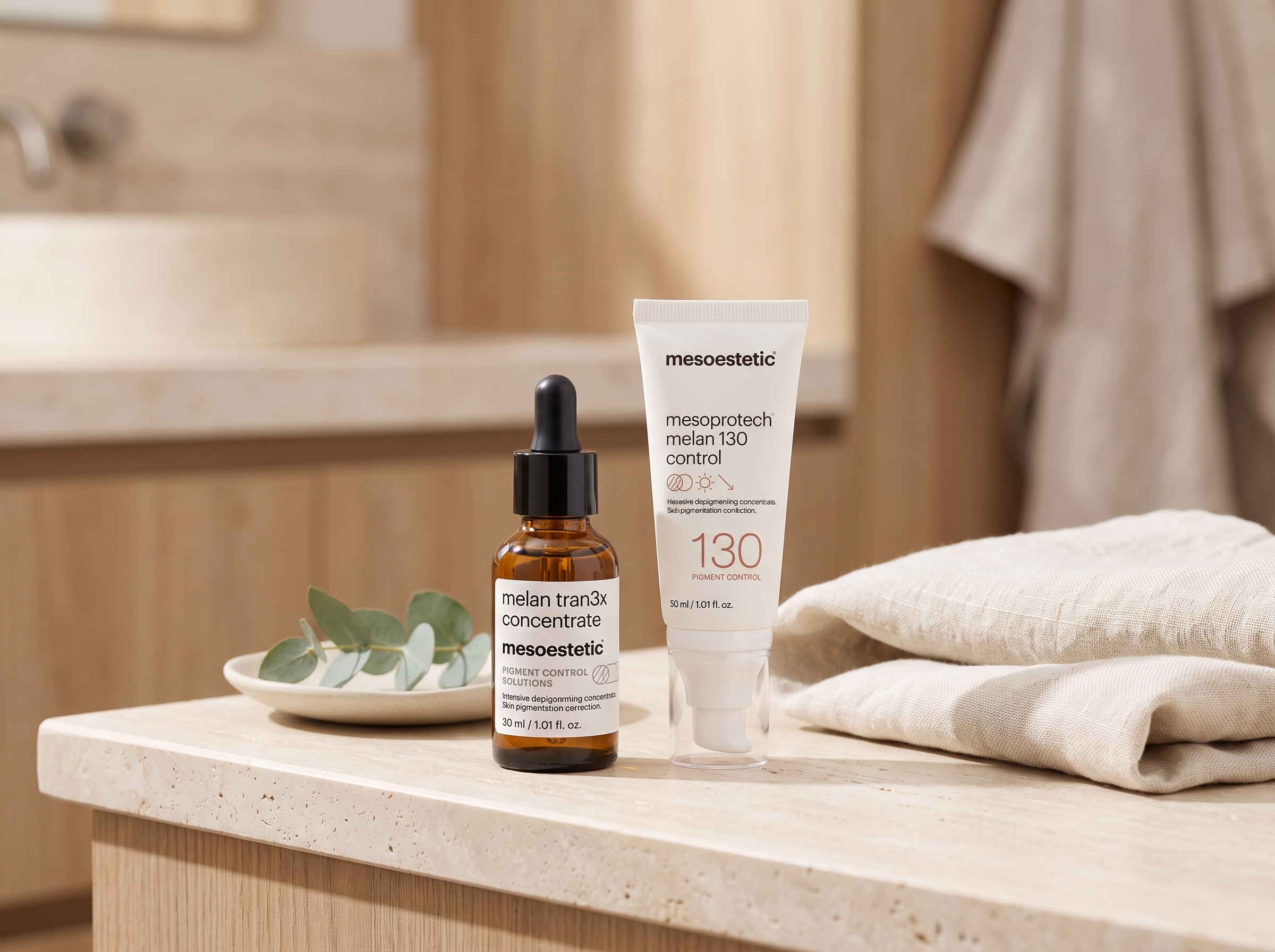 mesoestetic Melan Tran3x Concentrate and Mesoprotech Melan 130 Pigment Control side by side