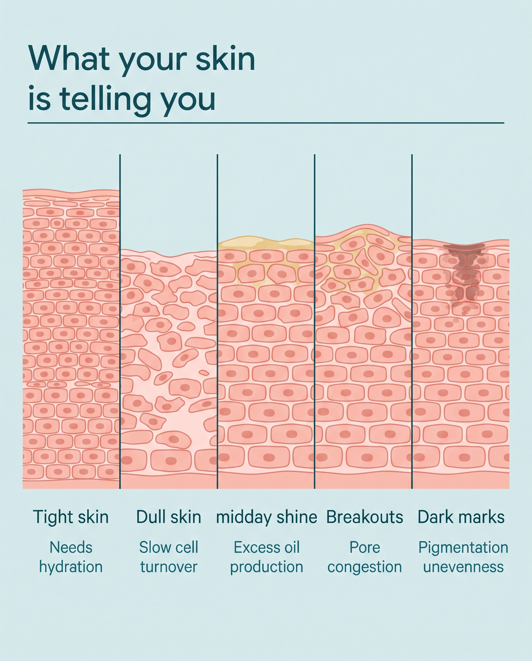 Infographic explaining what common skin signals like tightness, dullness, and shine mean