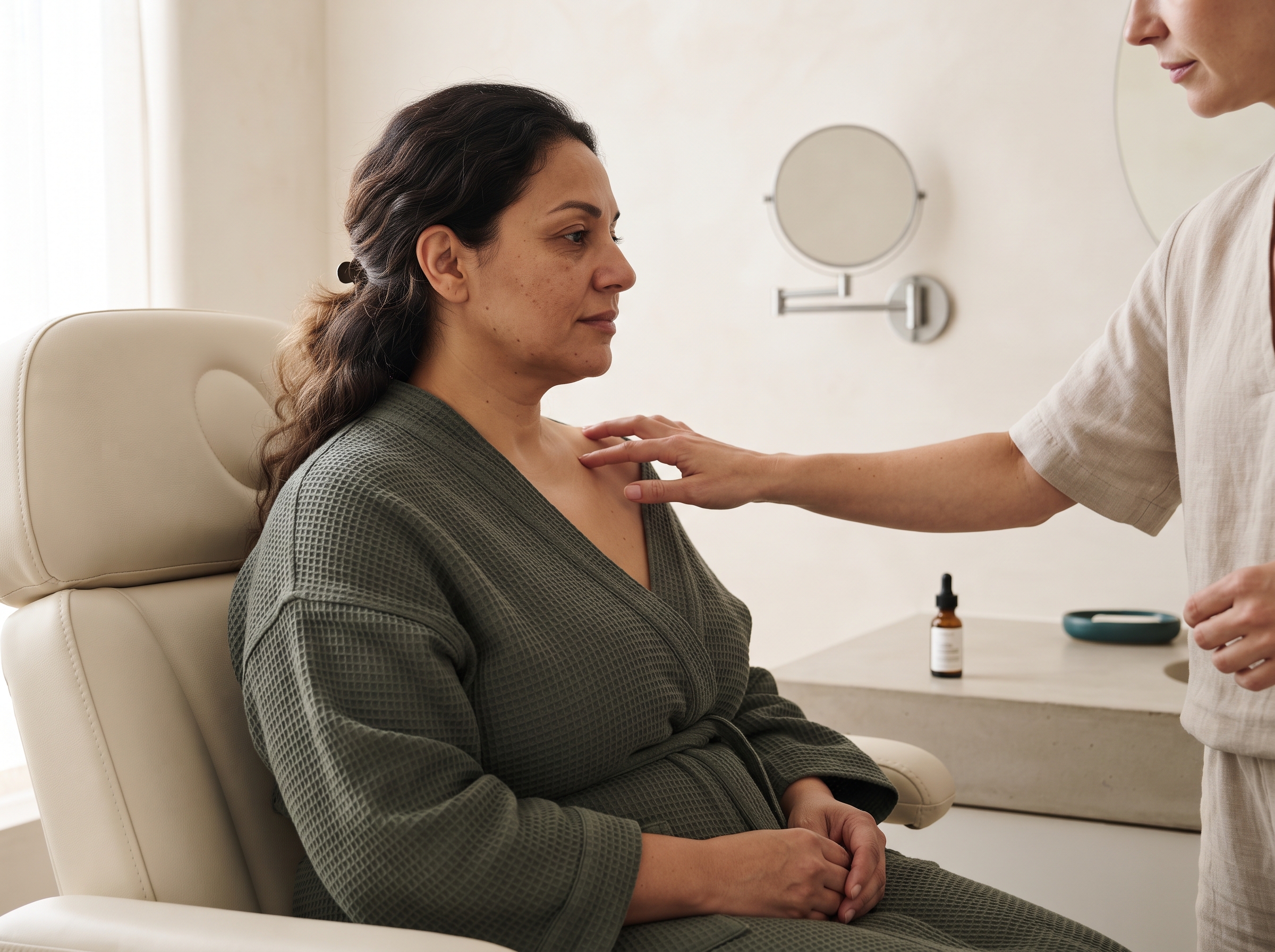 Client consulting with a skin therapist during a professional skin check