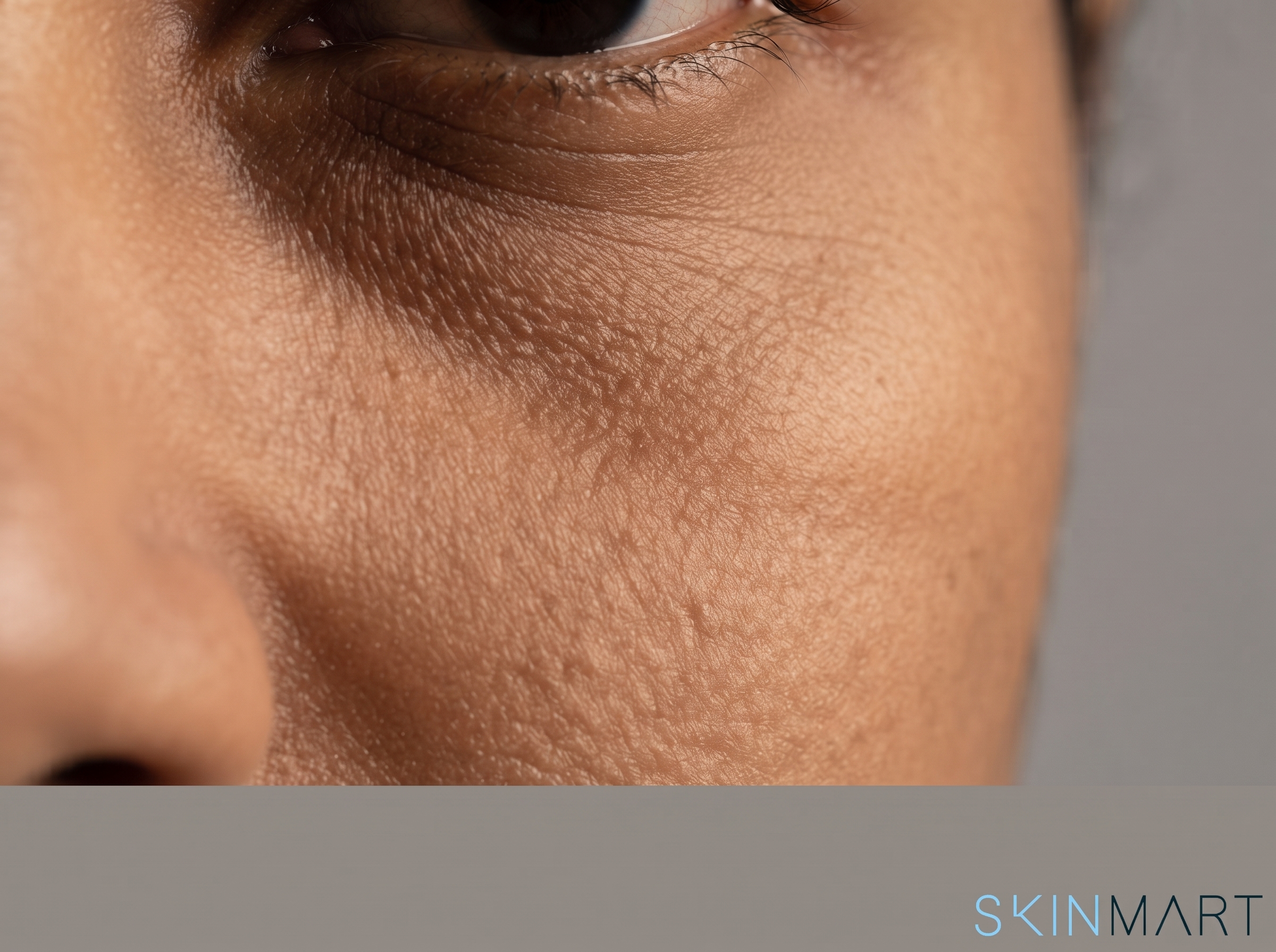 Close-up of undereye skin texture showing fine lines and subtle hollowing in soft side light