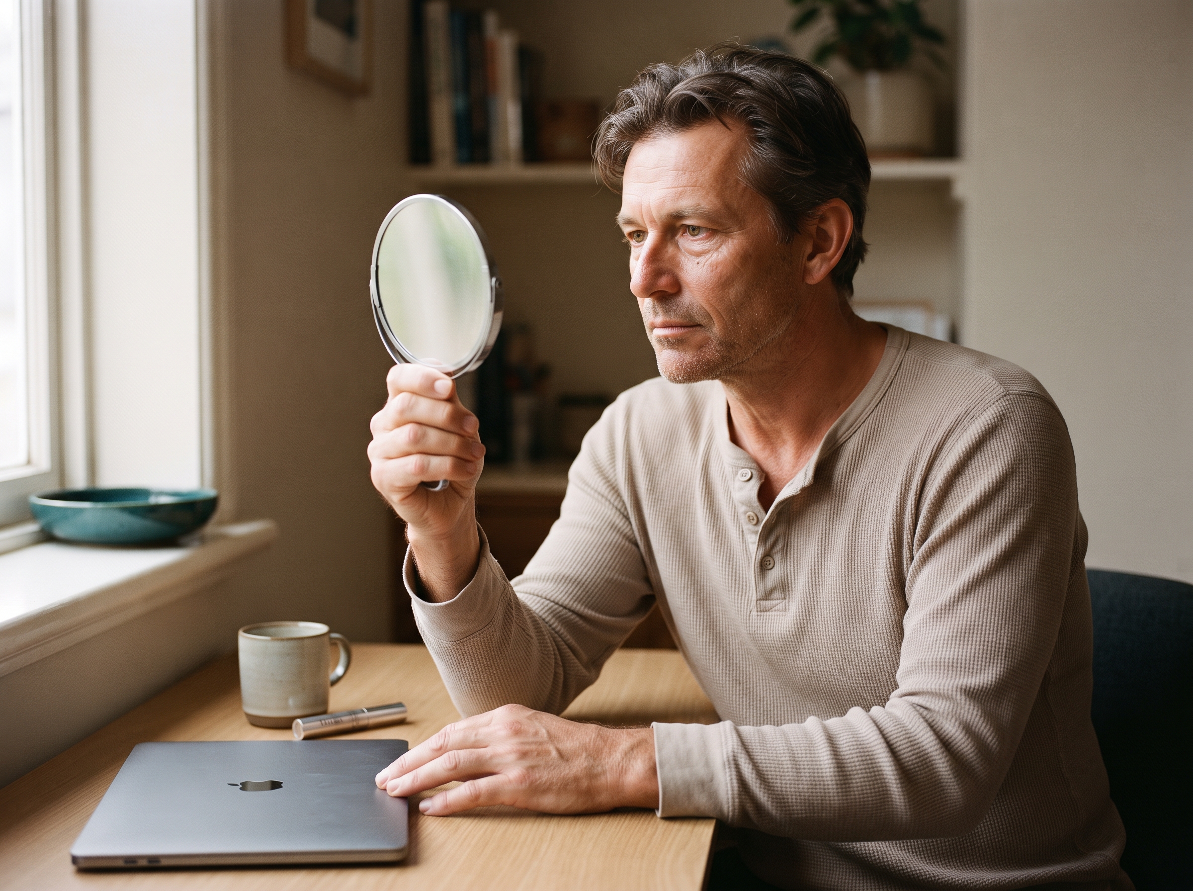 Man assessing his undereye area in a small mirror at a desk near a window