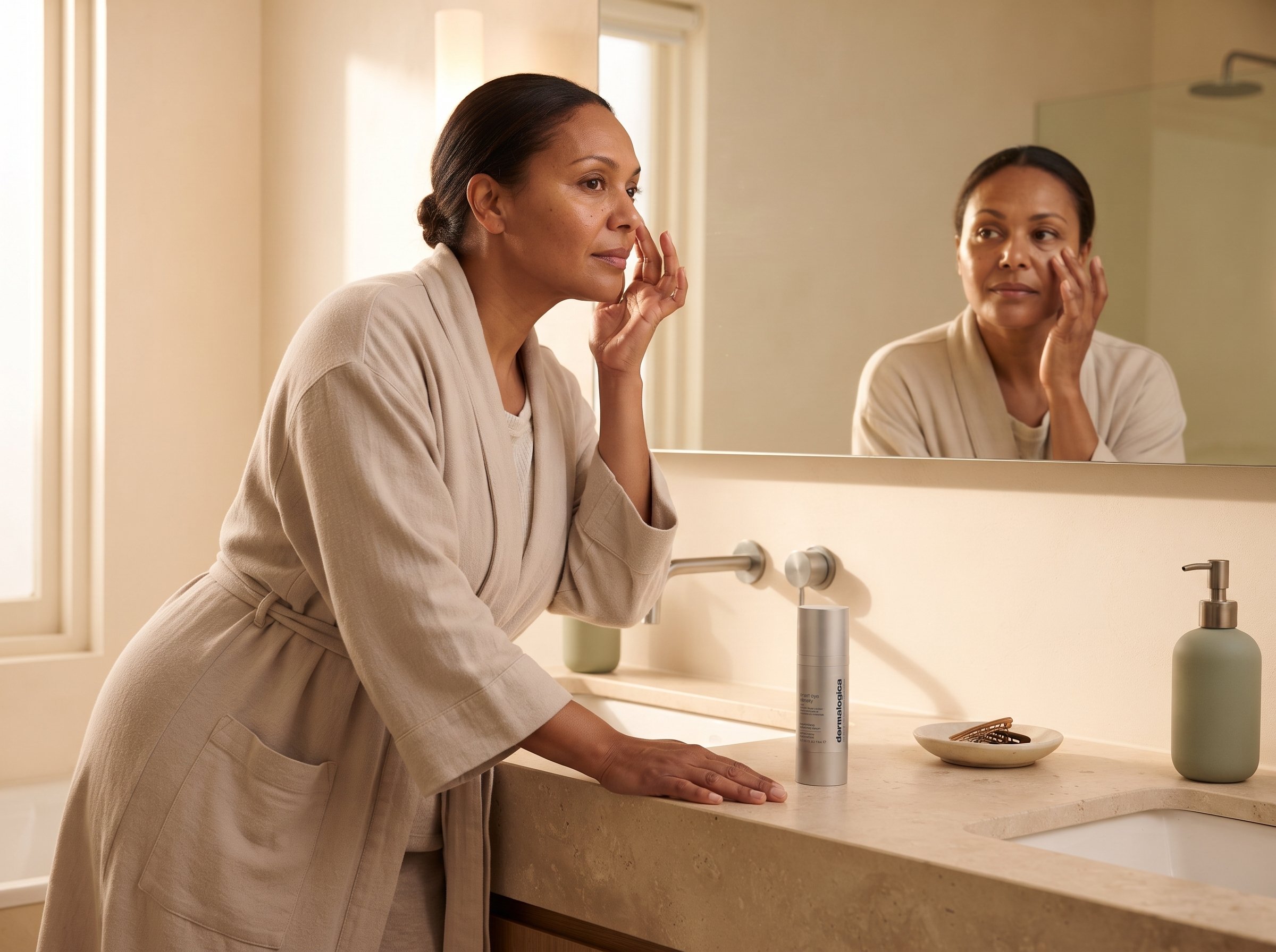 Dermalogica Smart Eye Density Booster product on a linen surface in warm side lighting