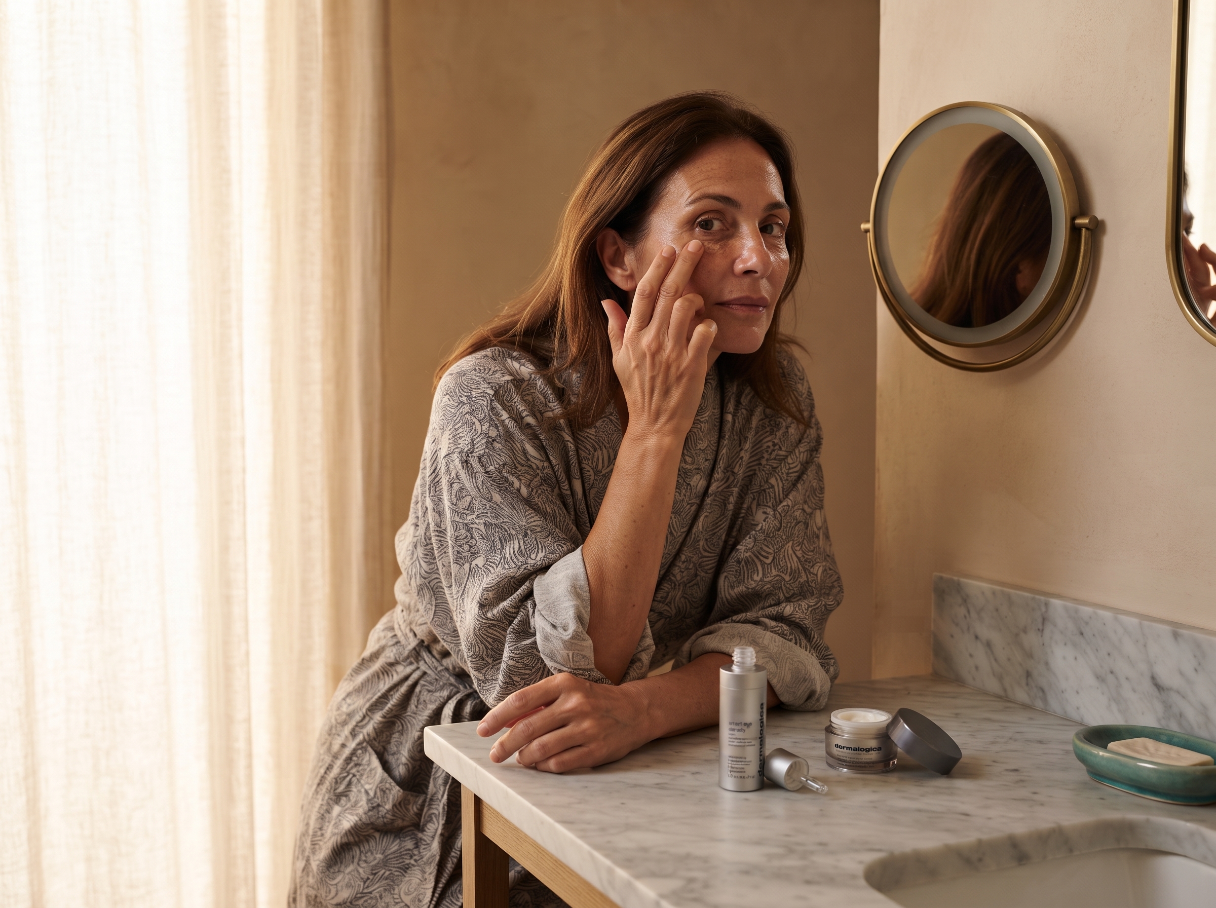 Woman applying eye serum with her ring finger under her eye at a bedroom vanity in morning light