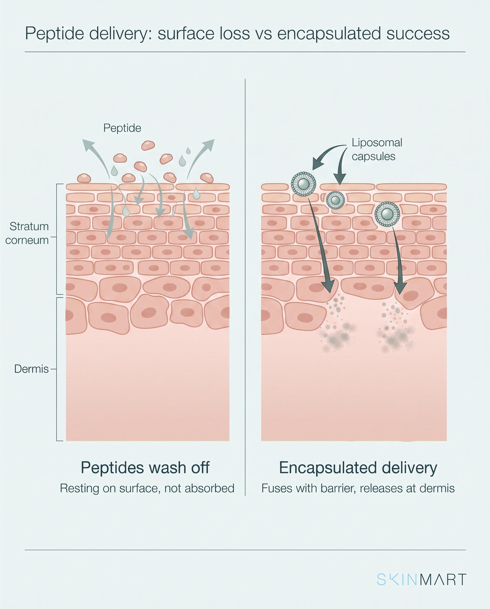 Diagram comparing failed peptide delivery on skin surface versus encapsulated delivery reaching the dermal layer