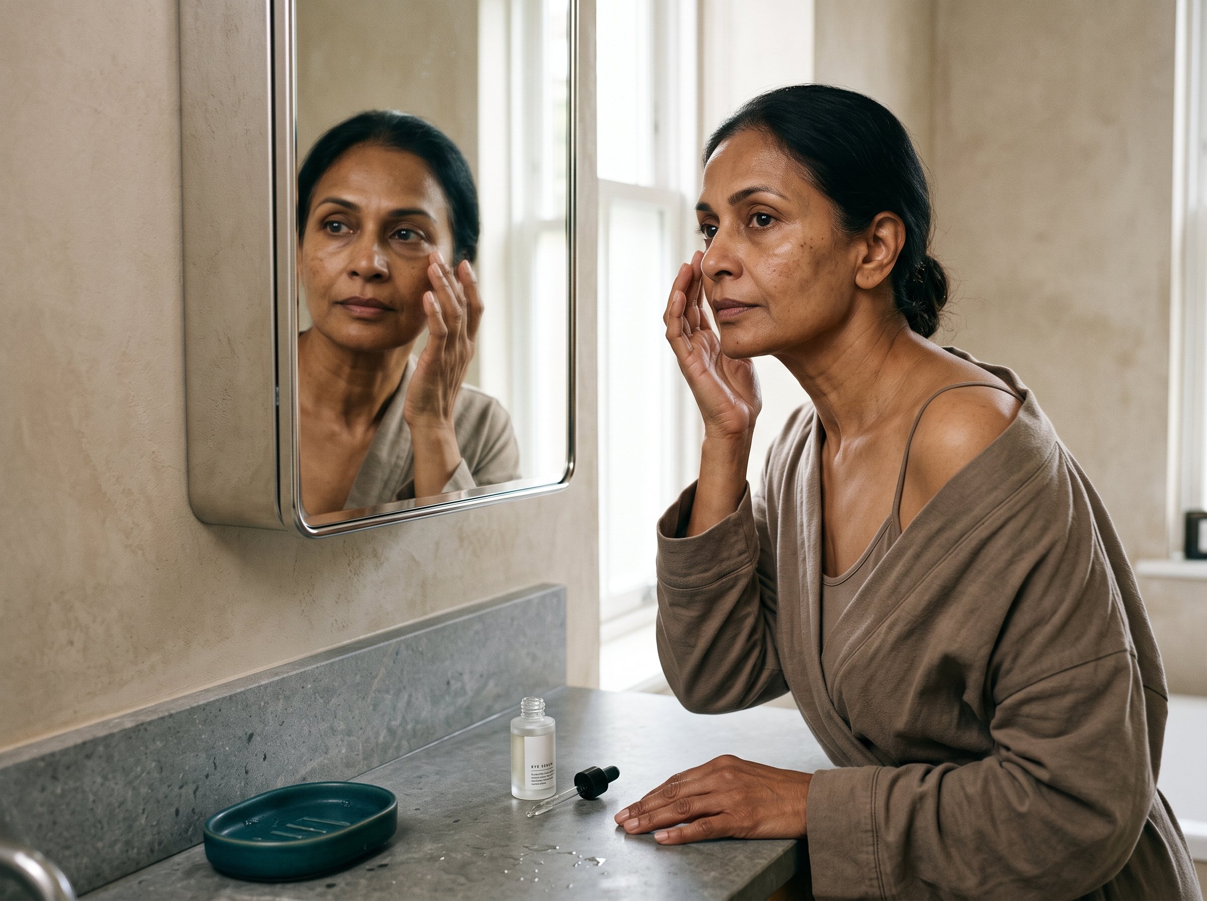 Woman examining her under-eye area closely in a mirror in natural light