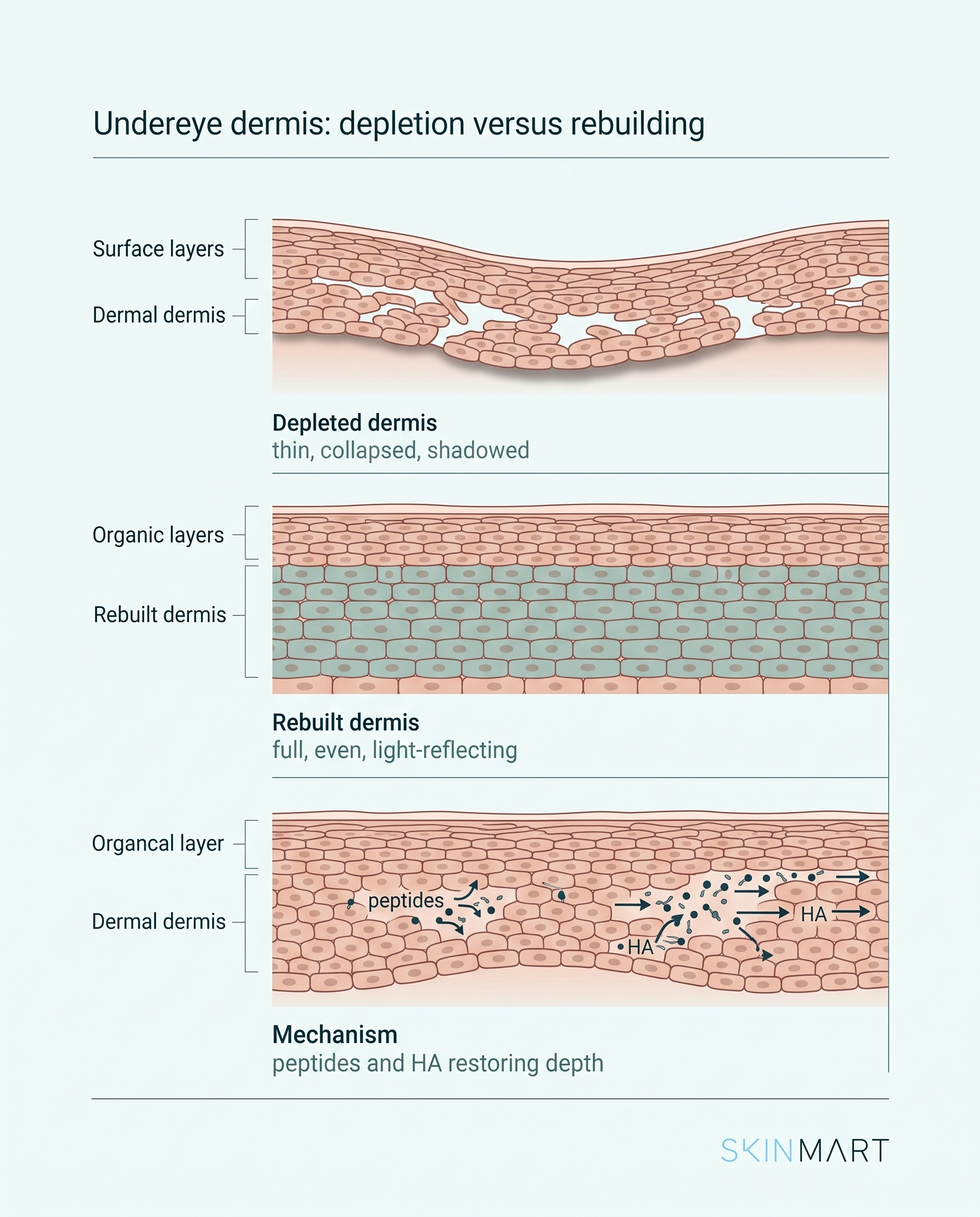 Diagram comparing hollow undereye dermis casting shadow versus dense dermis reflecting light evenly, with rebuilding