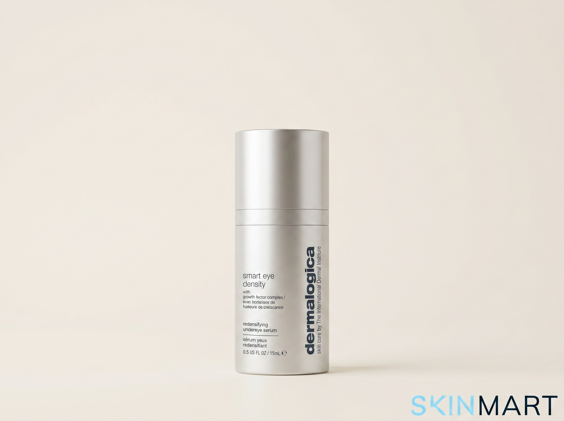 Dermalogica Smart Eye Density Booster bottle on a white surface in soft natural light