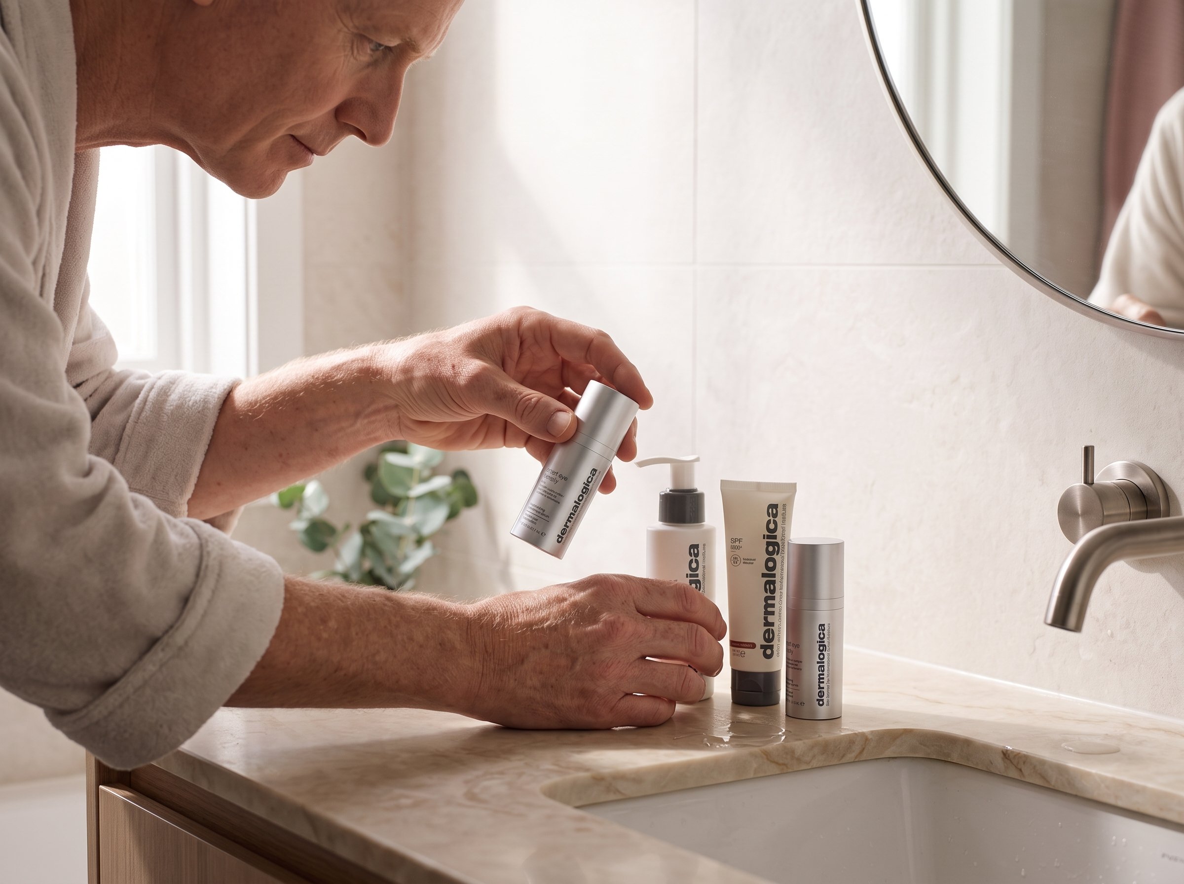 Minimal morning skincare routine on a bathroom counter with eye serum, cleanser, and SPF in natural light