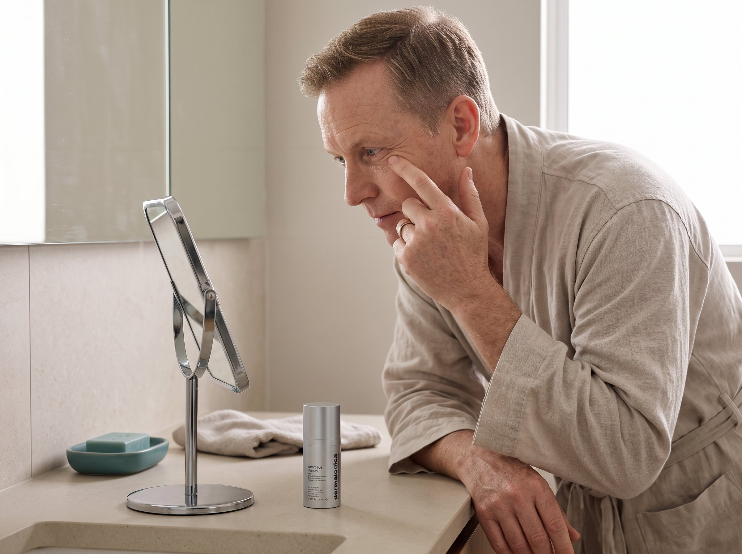 Man applying eye serum with ring finger using tapping motion from inner corner outward beneath the eye