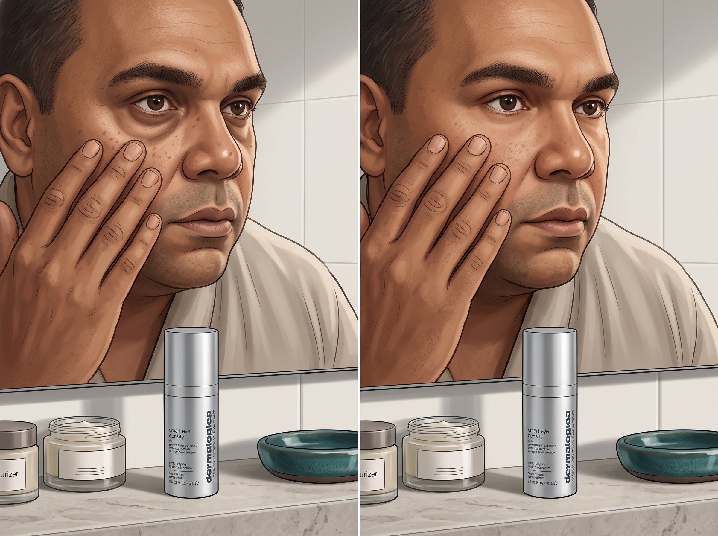 Illustrated split panel showing undereye area with structural hollowing on the left and improved density and evenness on the