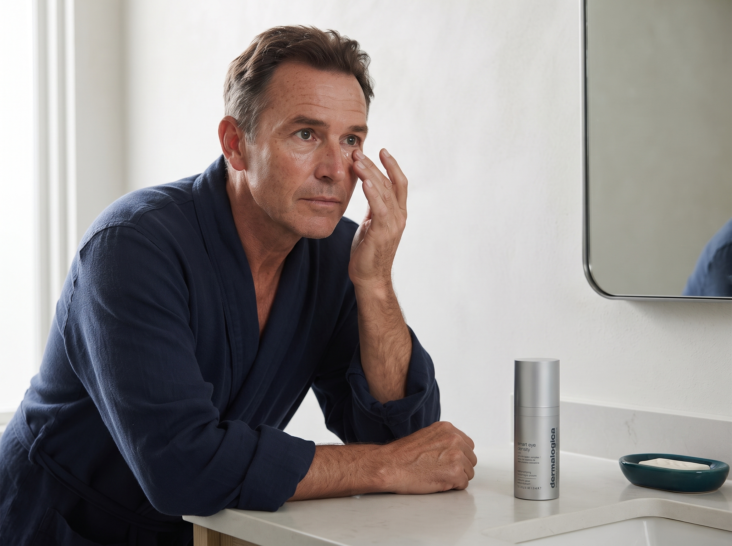 Man applying eye serum with ring finger using correct inner-corner-outward technique in bathroom