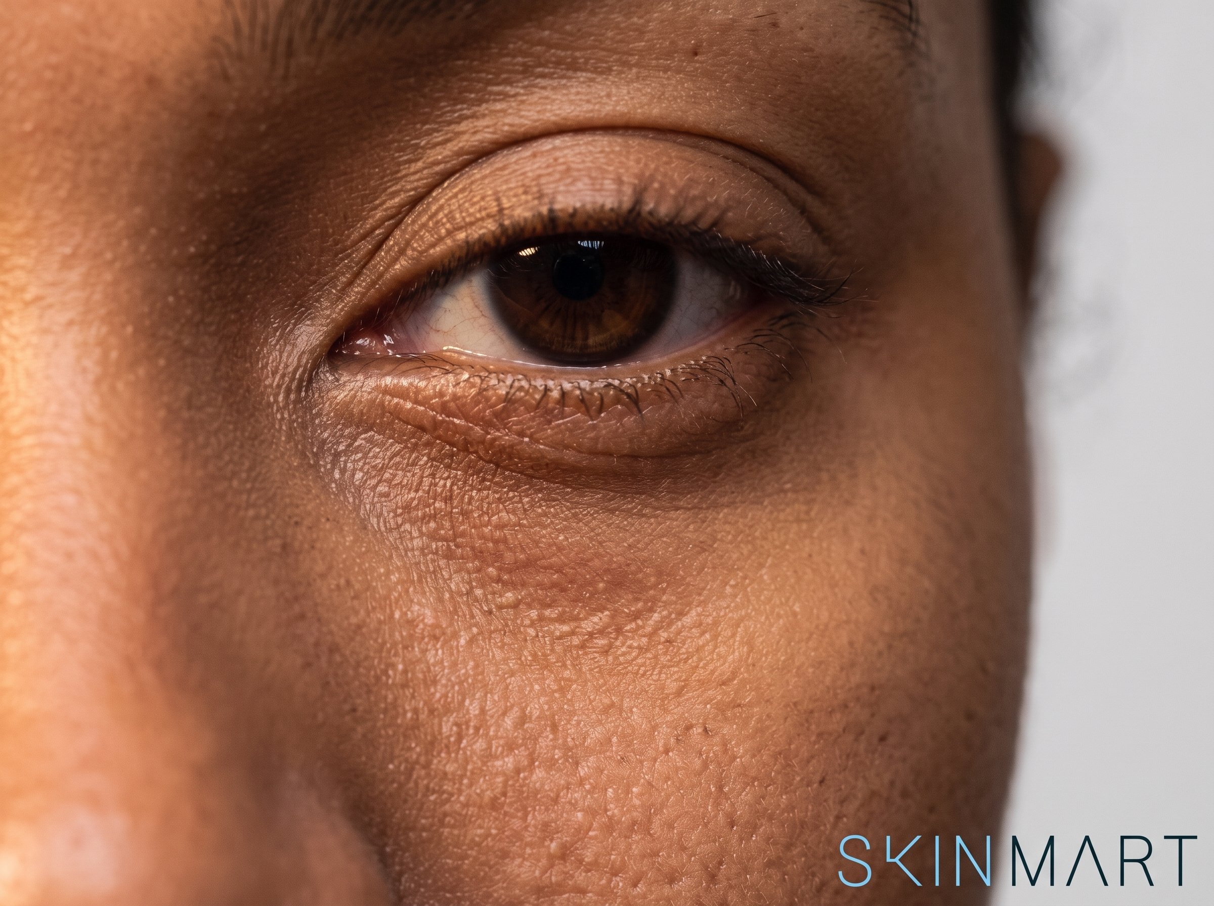 Close-up of undereye area showing the curved shadow caused by structural hollowing beneath the lower lash line