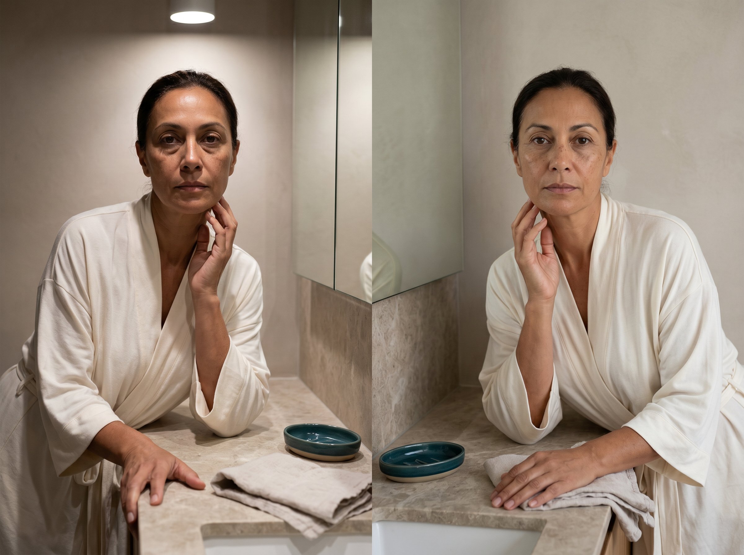 Same woman in harsh bathroom light and soft natural light showing how lighting changes the appearance of fine lines