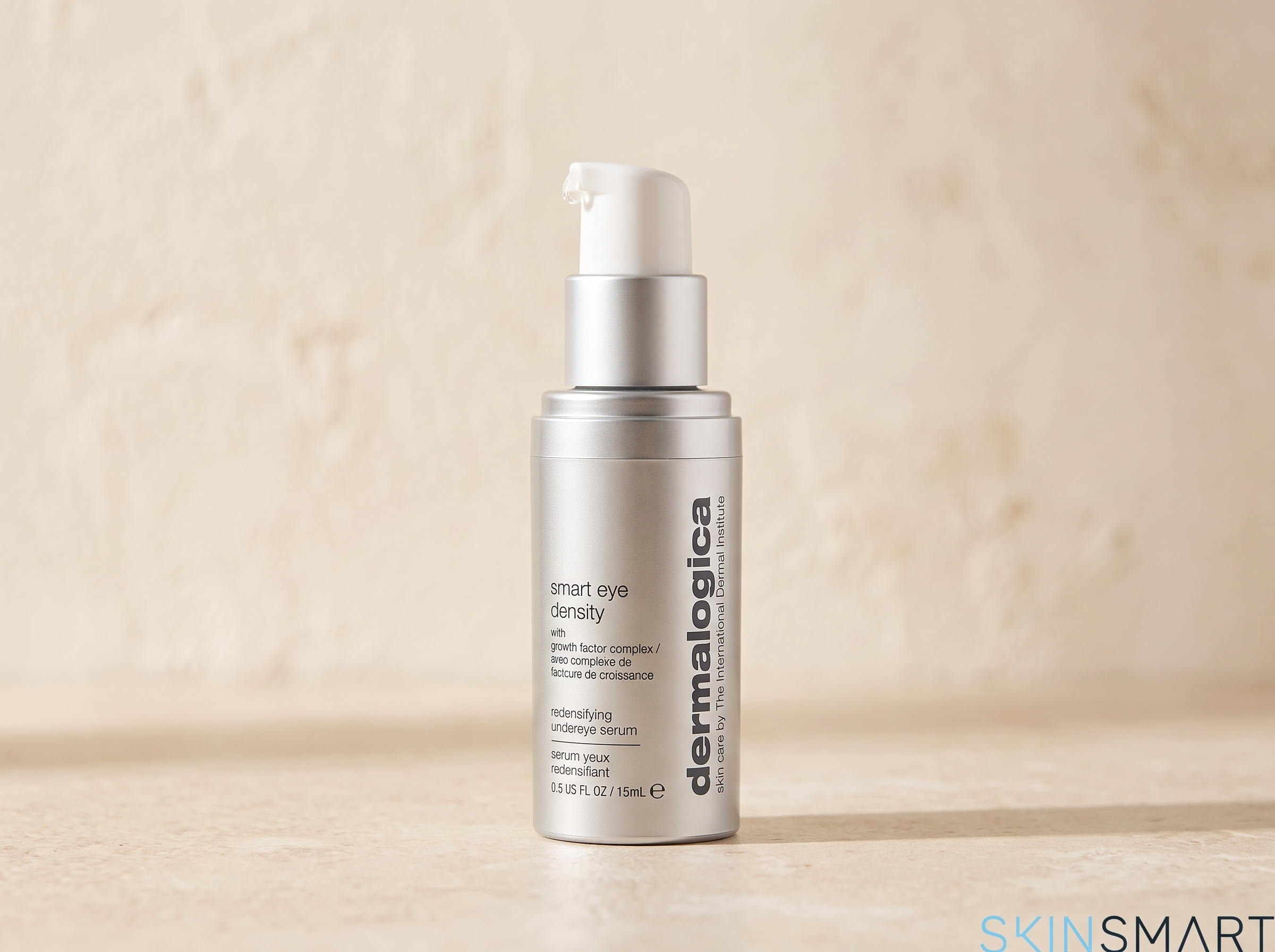 Dermalogica Smart Eye Density Booster bottle on a white surface in soft natural light