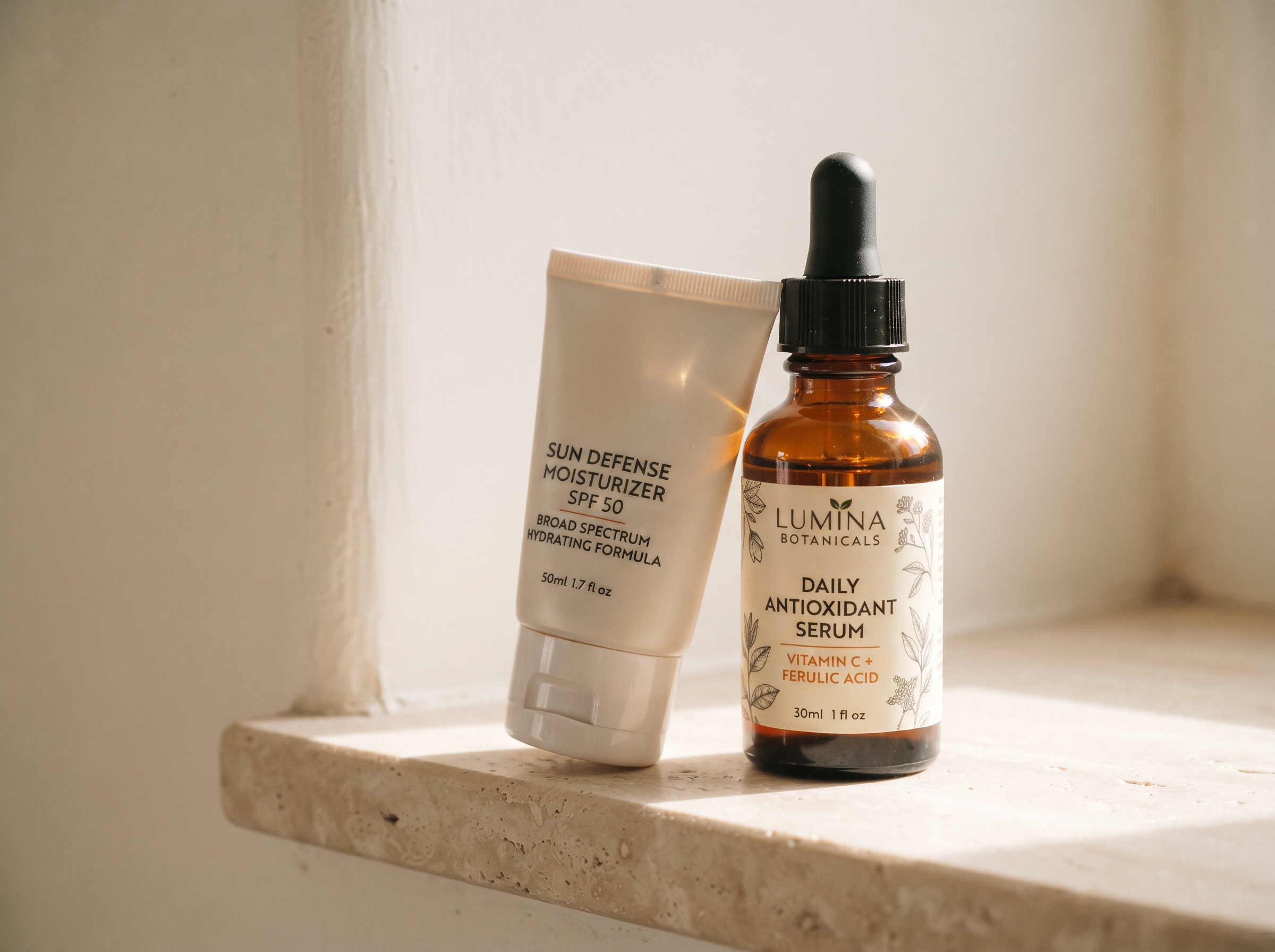 Antioxidant vitamin C and E serum bottle displayed beside a sunscreen tube