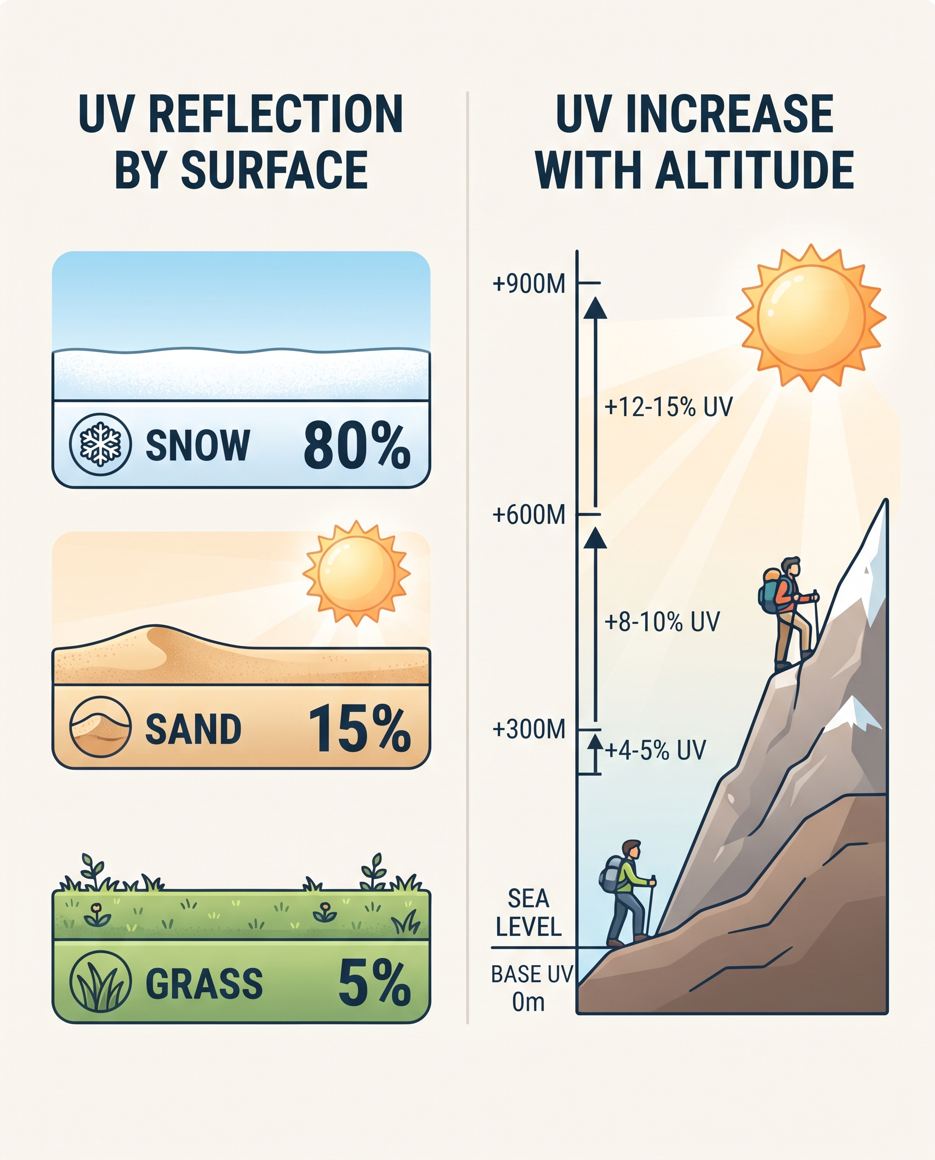 Diagram comparing UV reflection rates of snow, sand and grass, and UV increase with altitude