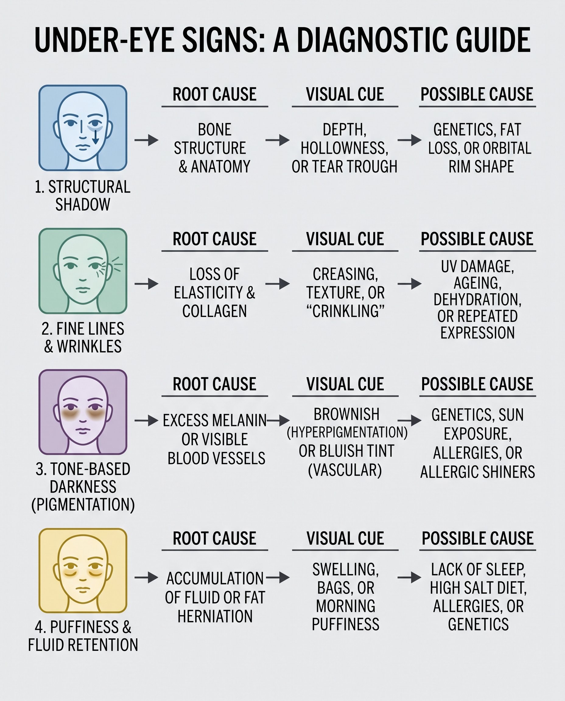 Diagram showing four under-eye concerns and their causes: structure, lines, tone, puffiness