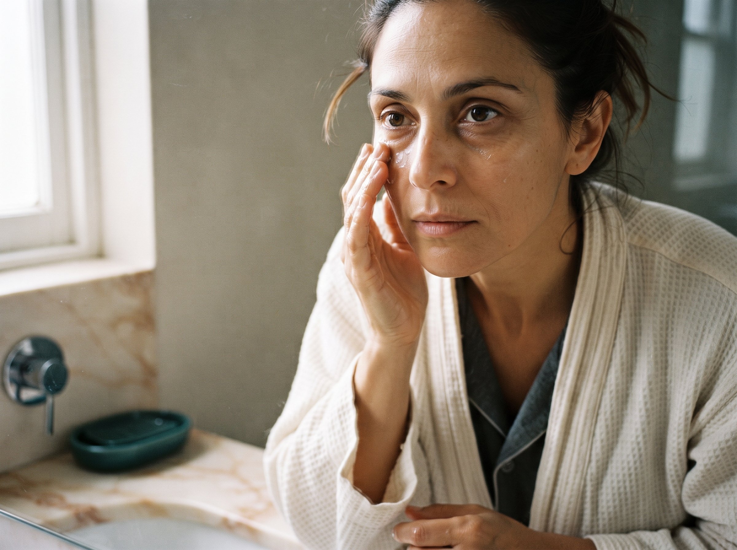 Person applying a cooling gel around the eye area as part of a morning routine