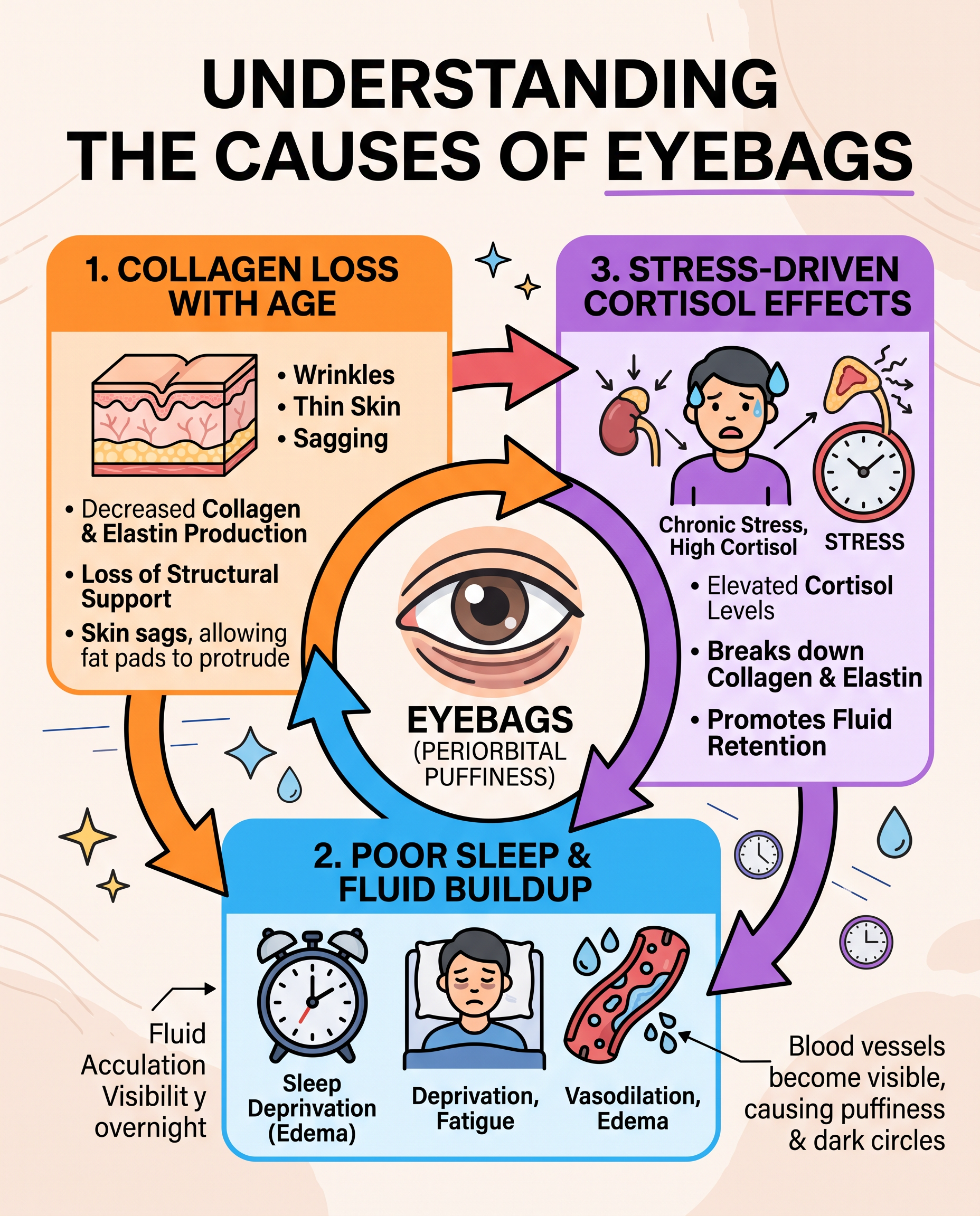 Diagram showing ageing, sleep, and stress as three causes of eyebags