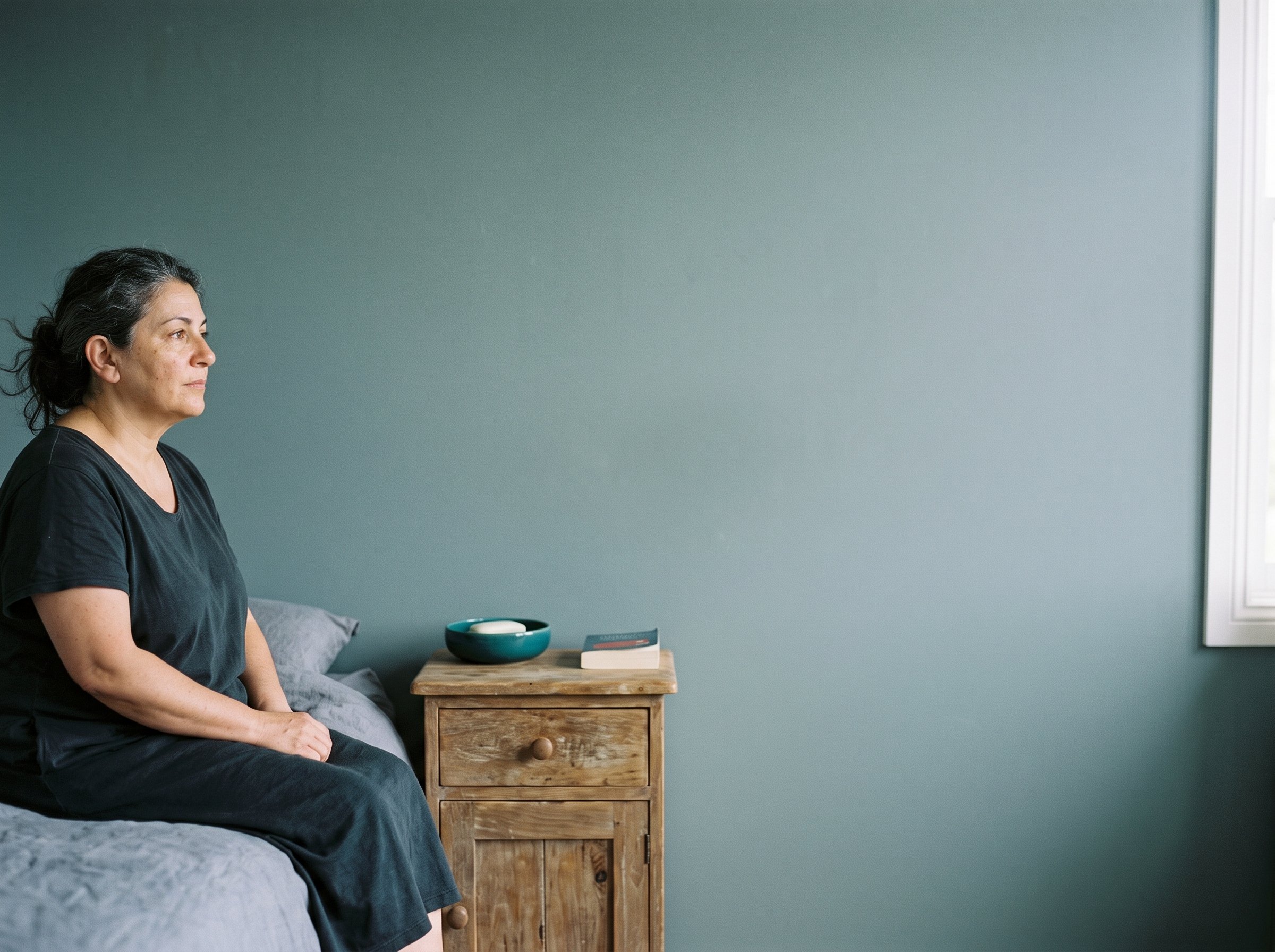 Person in a calm bedroom setting representing a nightly sleep routine
