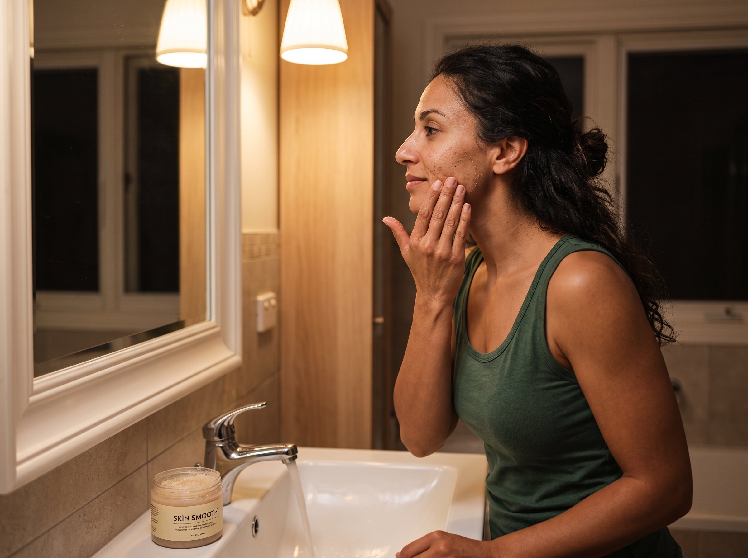 Woman using an exfoliating scrub as part of her evening skincare routine