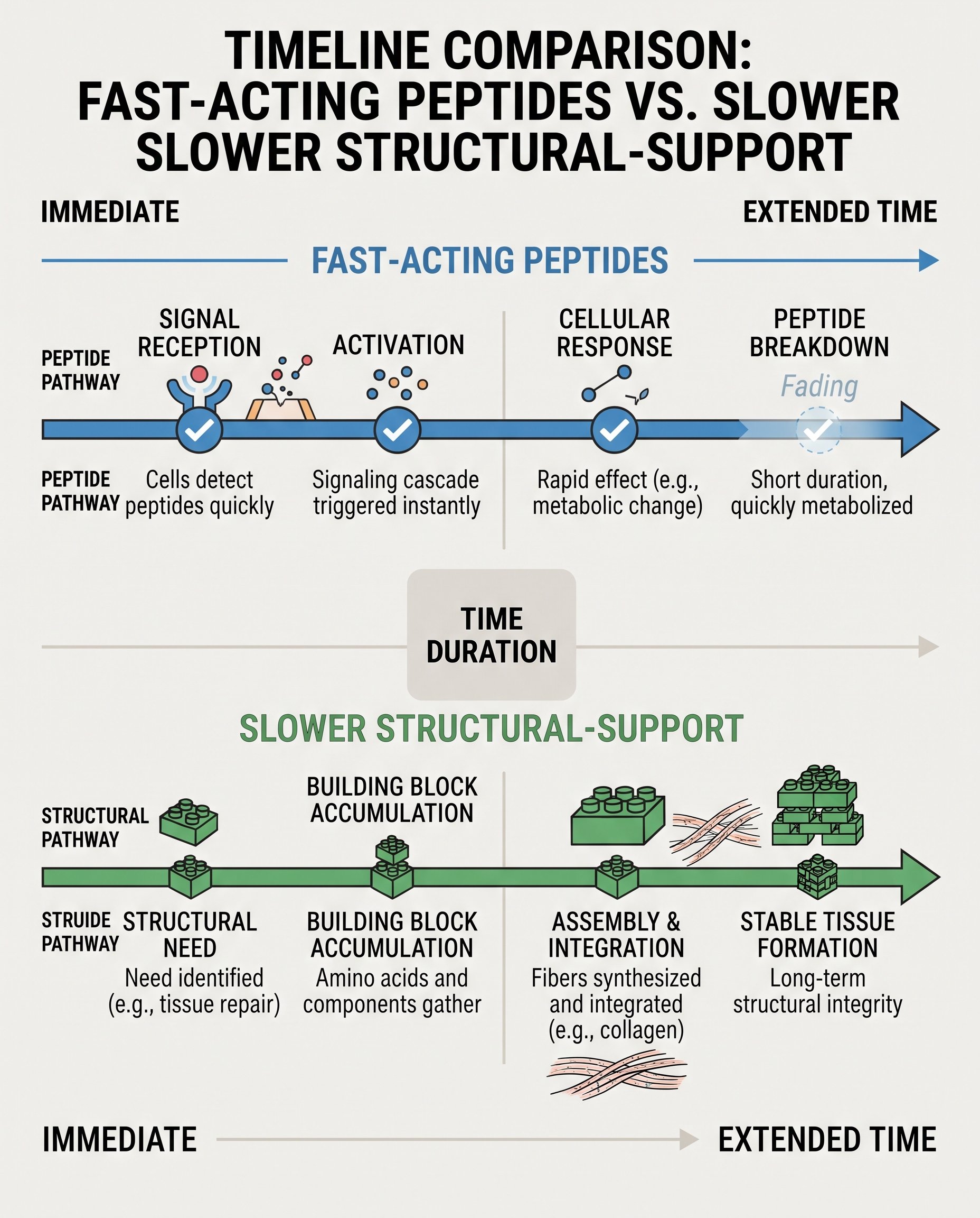 Diagram comparing fast-acting and slow-acting peptide timelines for skin