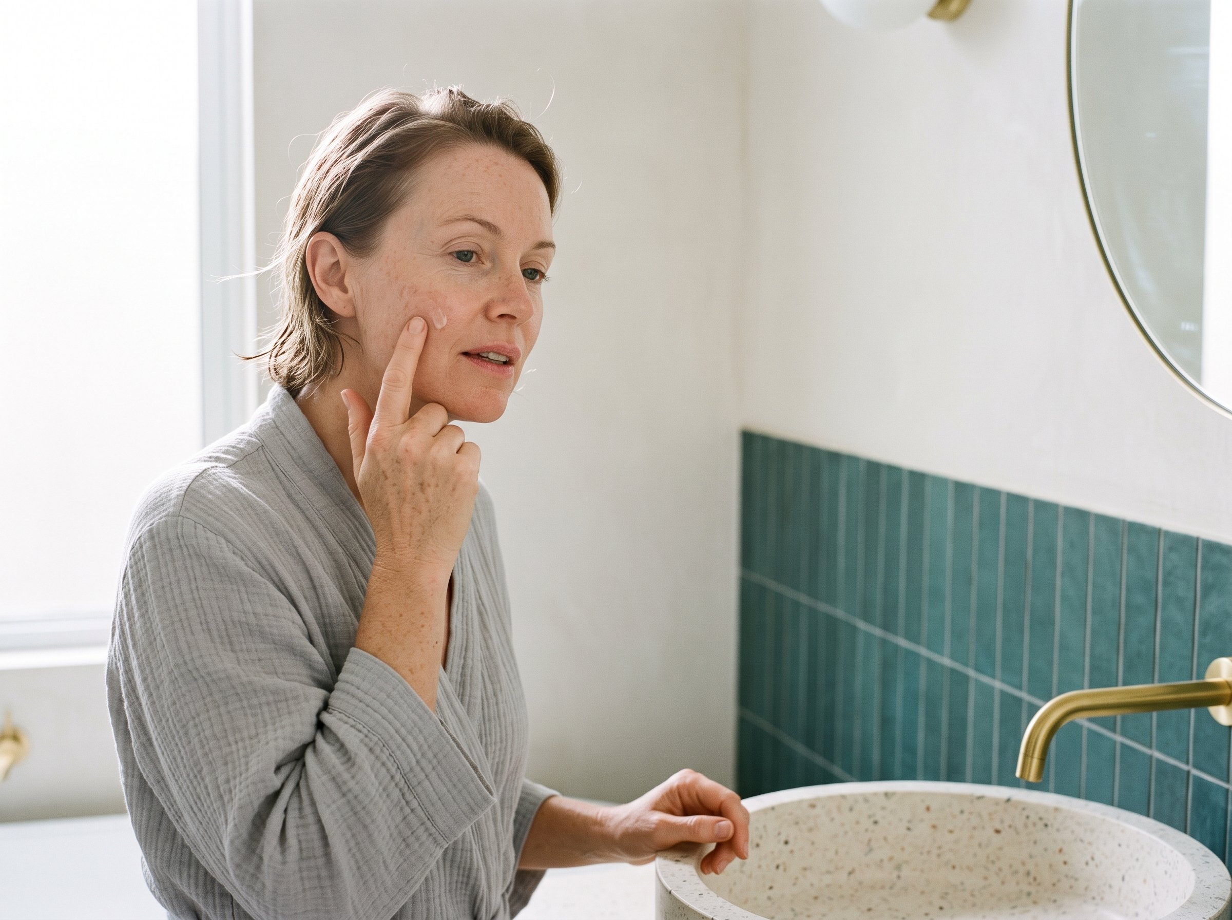Person applying a peptide serum to bare skin before moisturiser