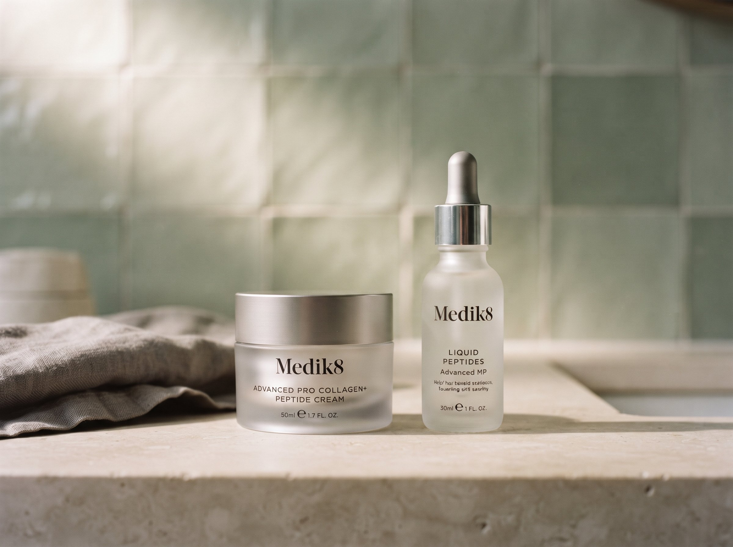 Medik8 Liquid Peptides serum and Pro Collagen+ Peptide Cream side by side